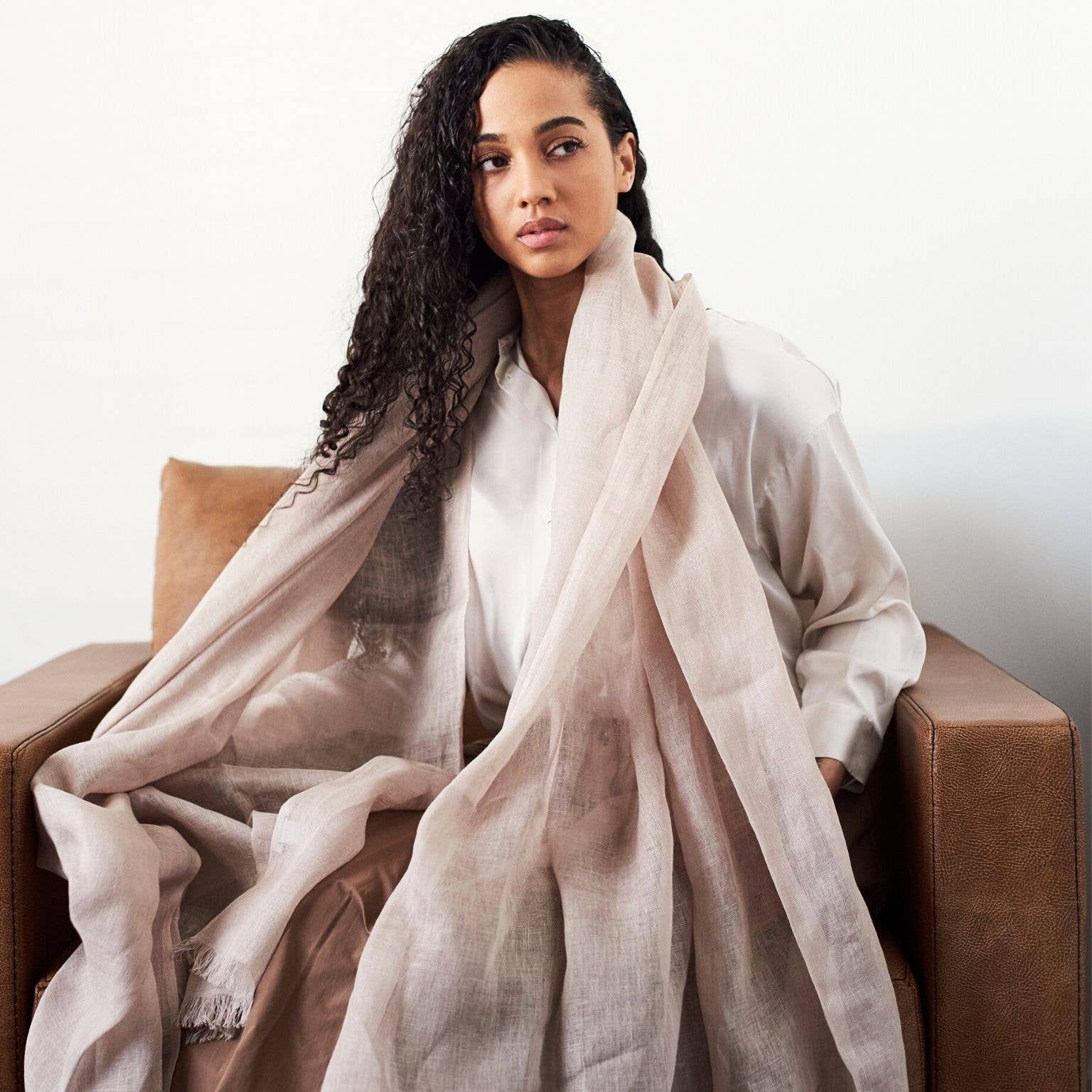 Oat Beige Neutral  Modern Artisanal Pure Linen Scarf