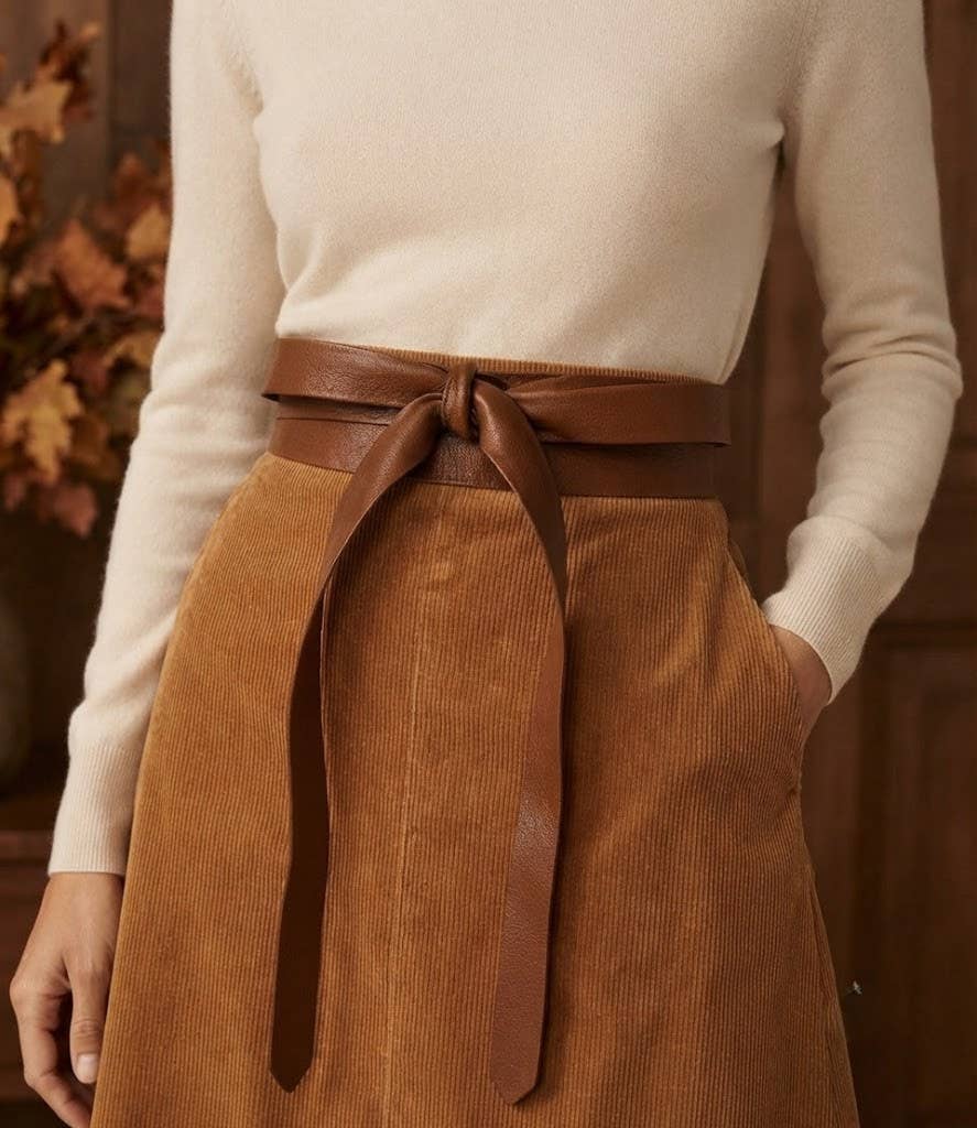 Adjustable whiskey leather boho chic wrap belt from ADA Collection Belts, featuring natural leather and stylish design.