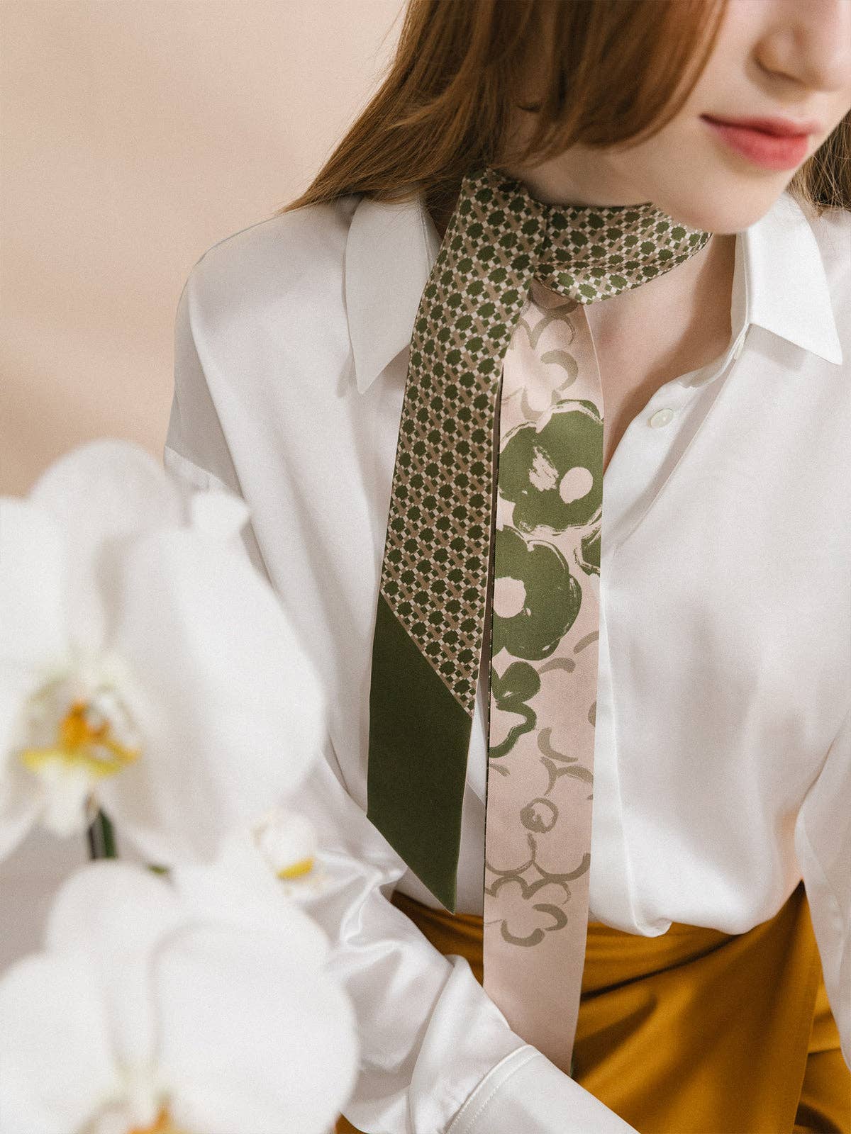 "Floral Houndstooth" Silk Twill Skinny Scarf - Green