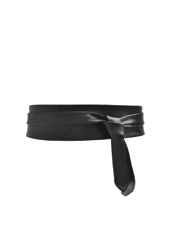 Black adjustable wrap belt from ADA Collection Belts, featuring a sleek design and versatile styling for various outfits.