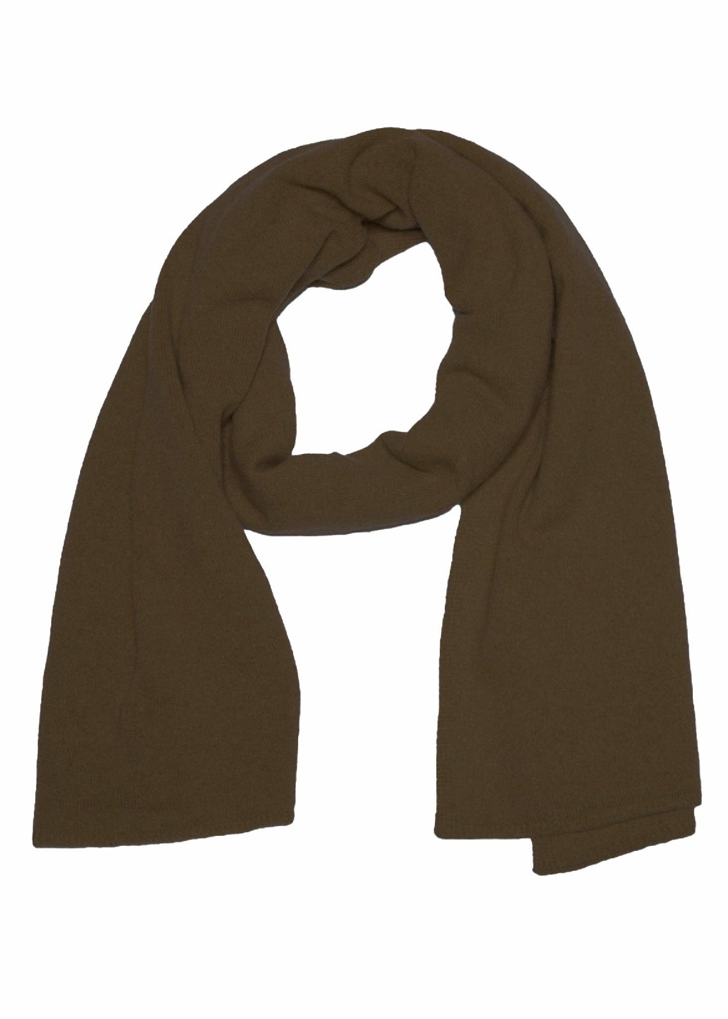 Recycled cashmere wrap scarf in cocoa color by and for Good, draped to show soft texture and cozy design.