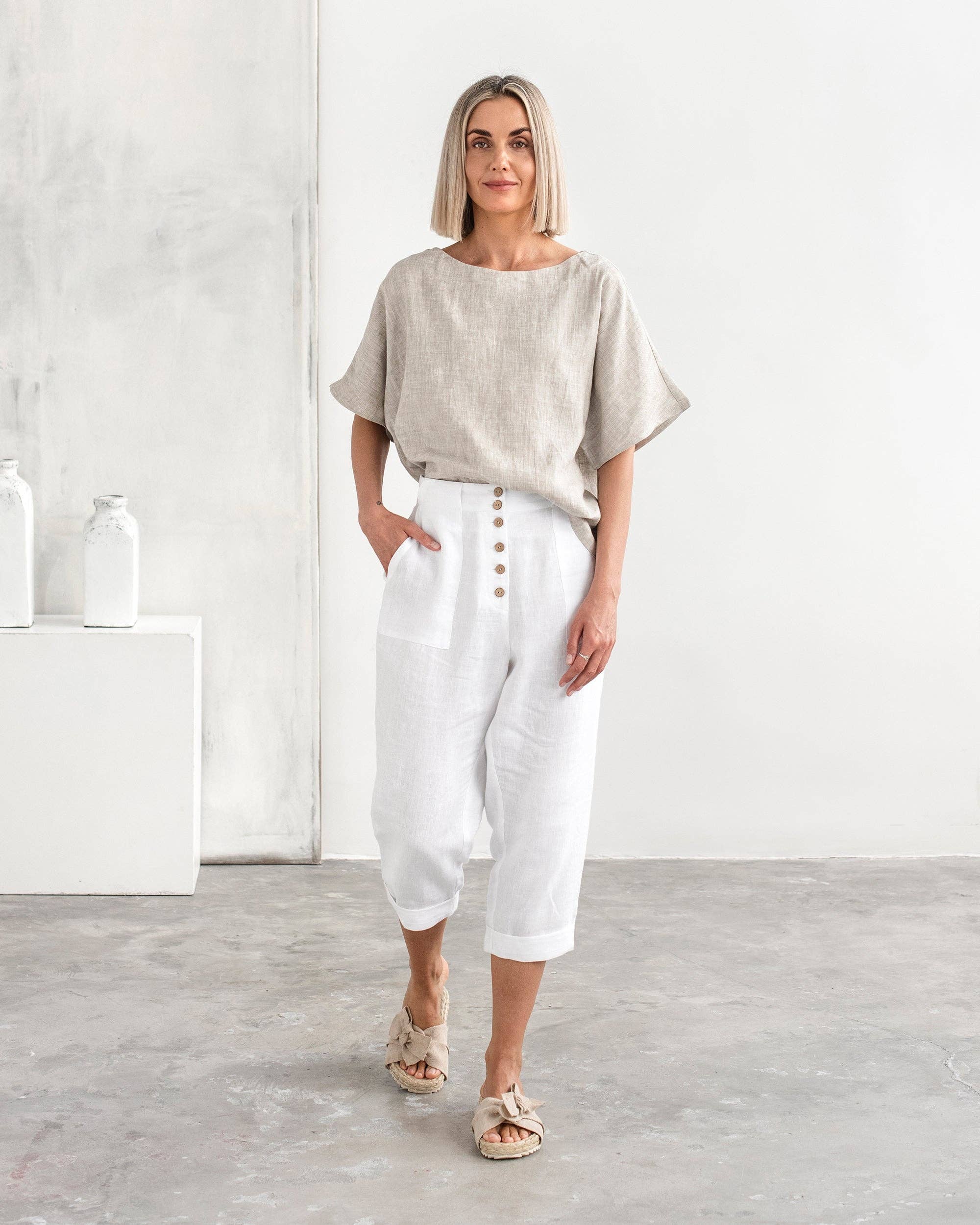 Loose-fit linen top MIDWAY in Natural melange