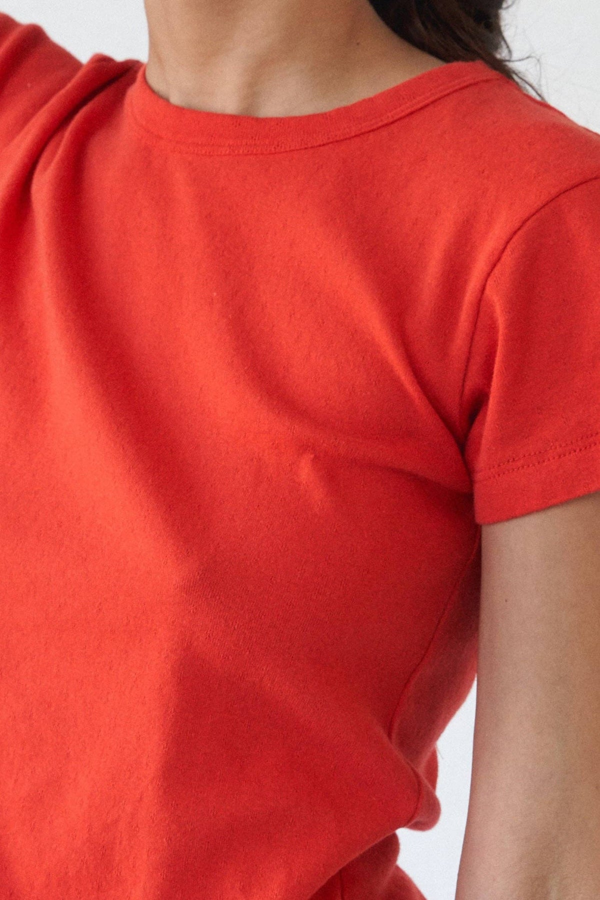 Pointelle baby tee by LA RELAXED featuring a soft, lightweight fabric with delicate open-knit pattern and short sleeves.