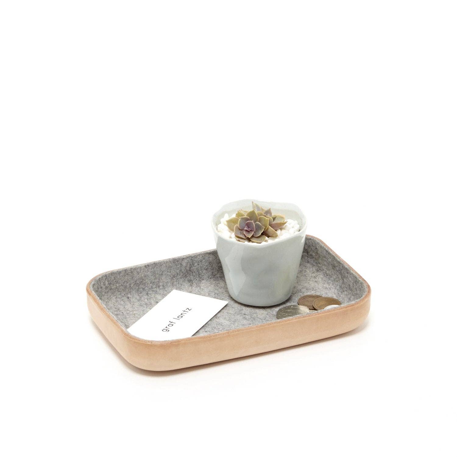 Small Kawabon Leather/Merino Wool Felt Tray Granite, Natural
