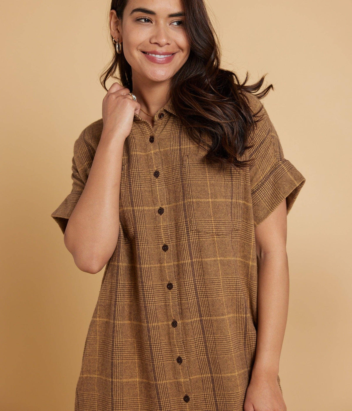 Organic cotton Amaris Flannel Shirt Dress by Known Supply, shown in a cozy, button-front design with a relaxed fit.