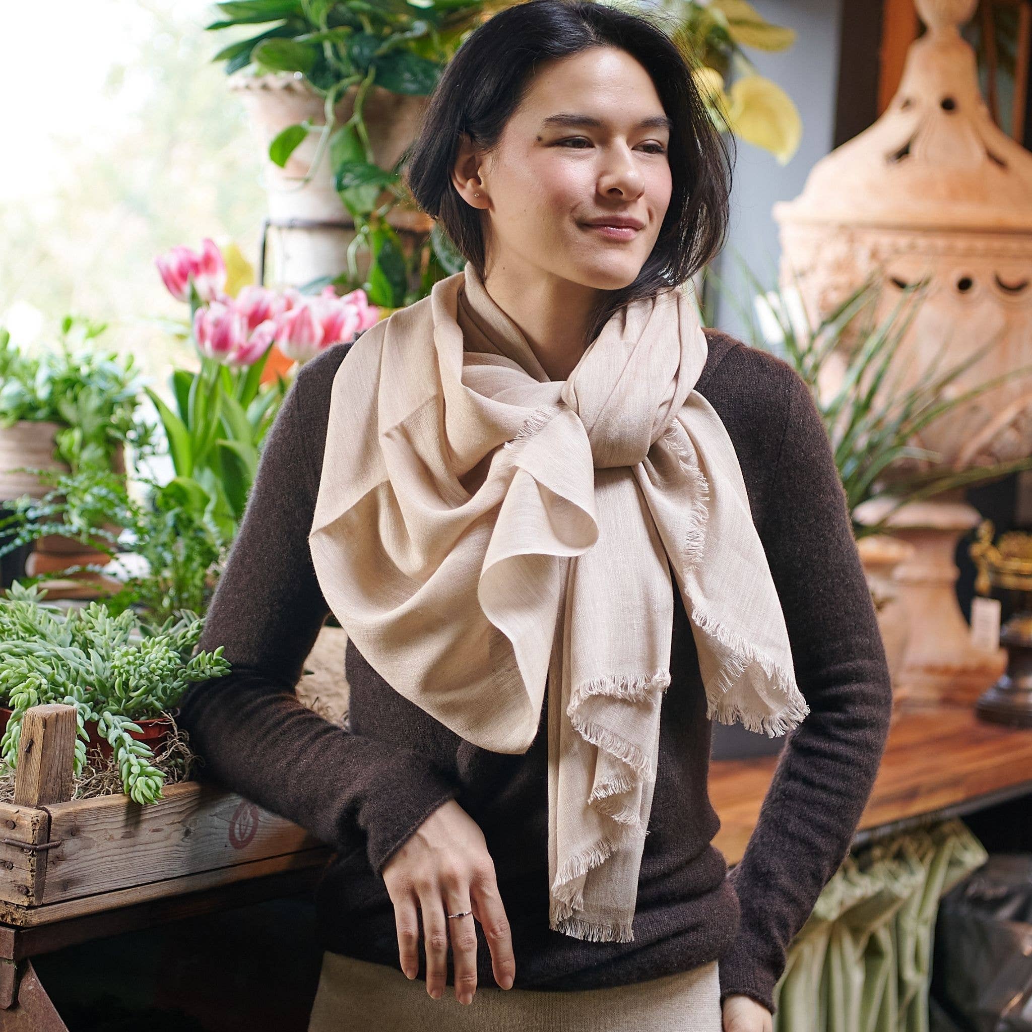 Oat Beige Neutral  Modern Artisanal Pure Linen Scarf