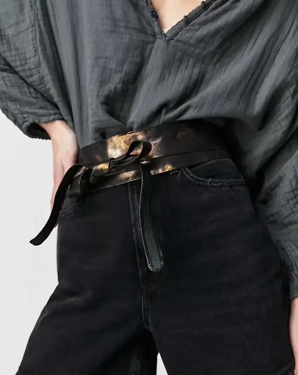 Sleek black wrap belt from ADA Collection Belts, midnight color, adjustable evening classic style, shown on a neutral background.