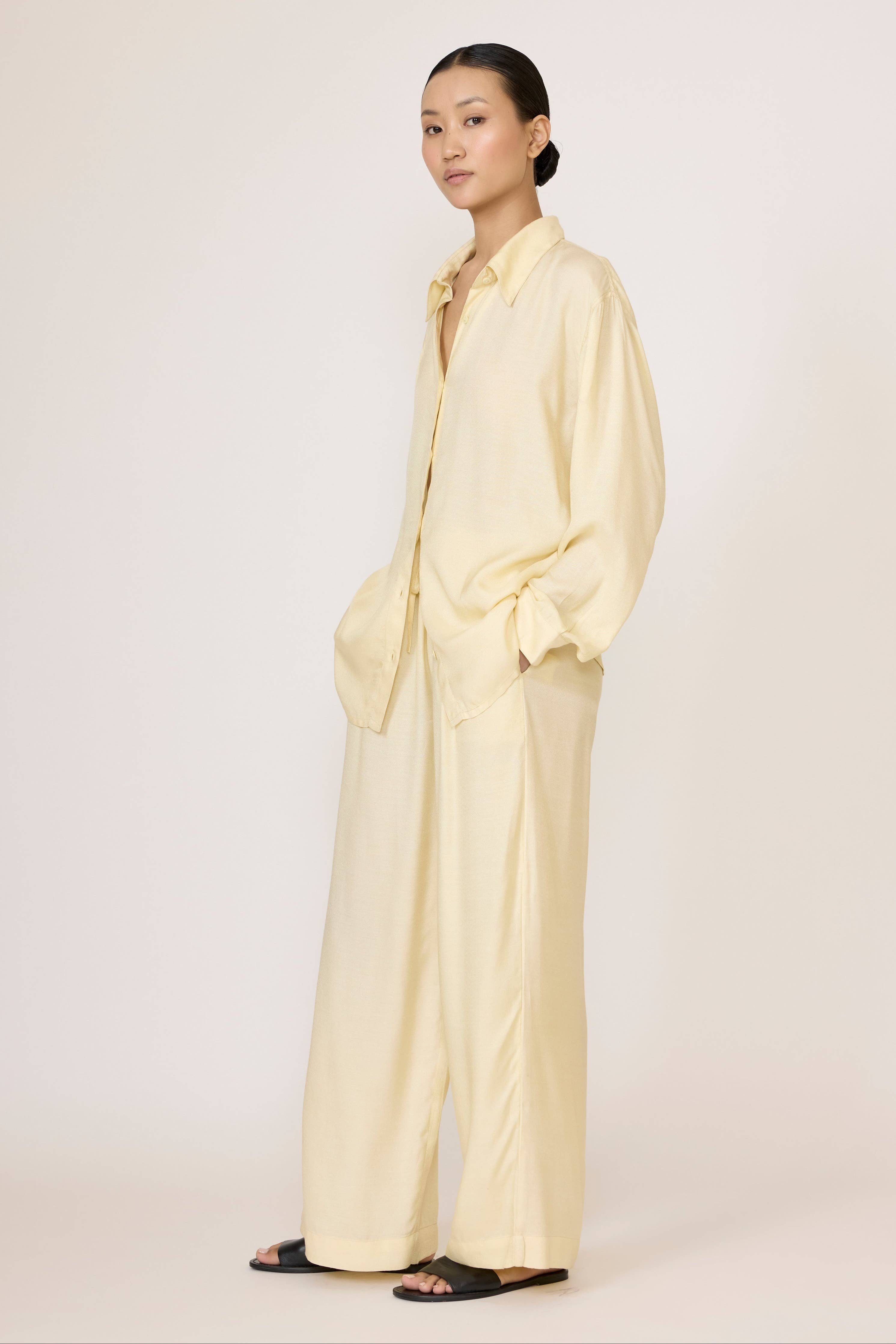 LAUDE Everything Shirt in Butter color, showcasing a soft, casual button-up with a relaxed fit and smooth fabric.