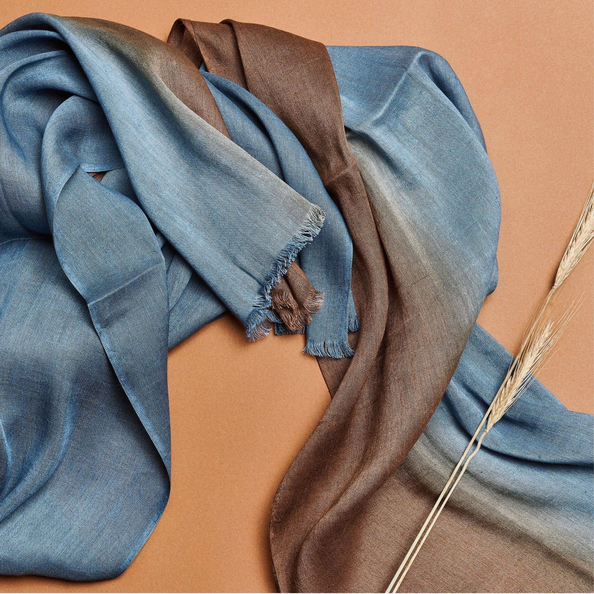 Oceana Beige Blue Soft Linen Silk Handloom Scarf 