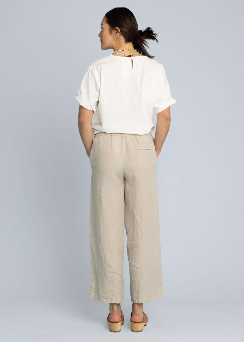 Light beige linen Shore Pant from and for Good, featuring a relaxed fit and natural flax fabric, displayed on a neutral background.