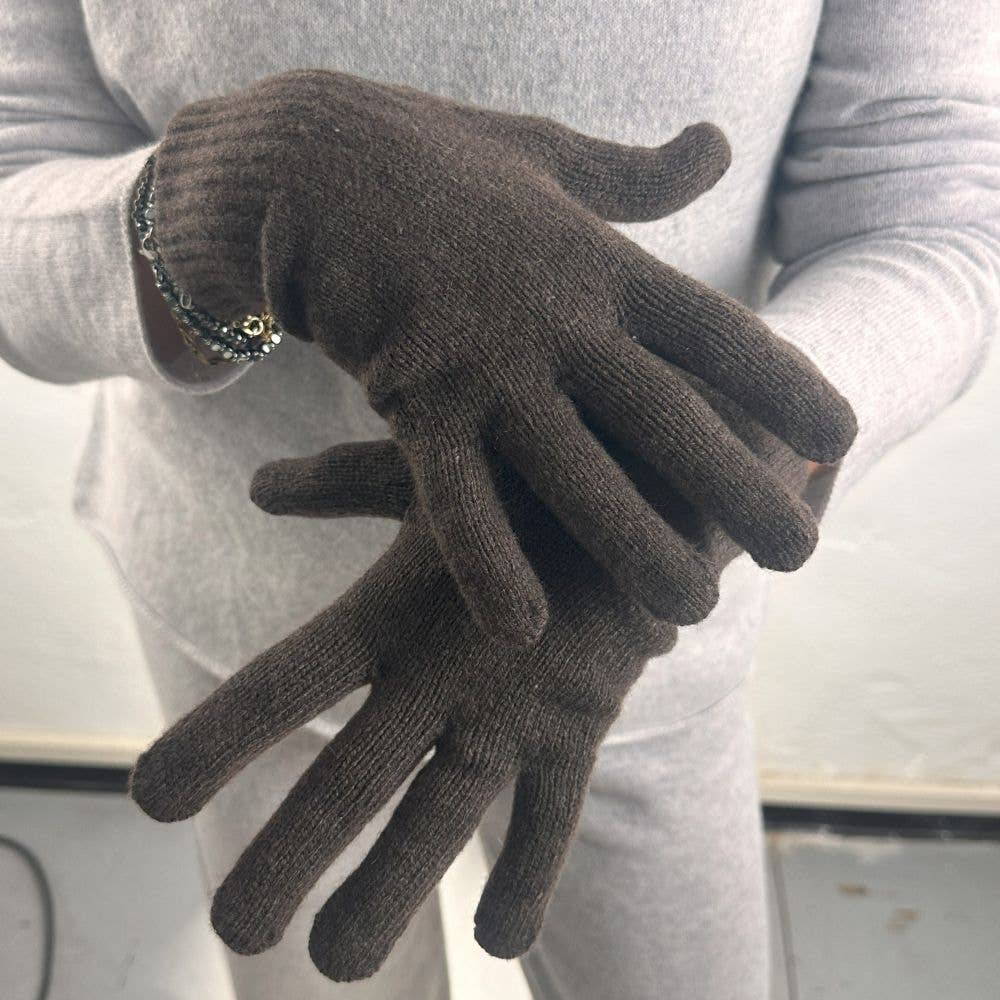 Pair of cocoa-colored Bedford Recycled Cashmere Gloves by and for Good, showcasing soft, cozy knit fabric and classic design.