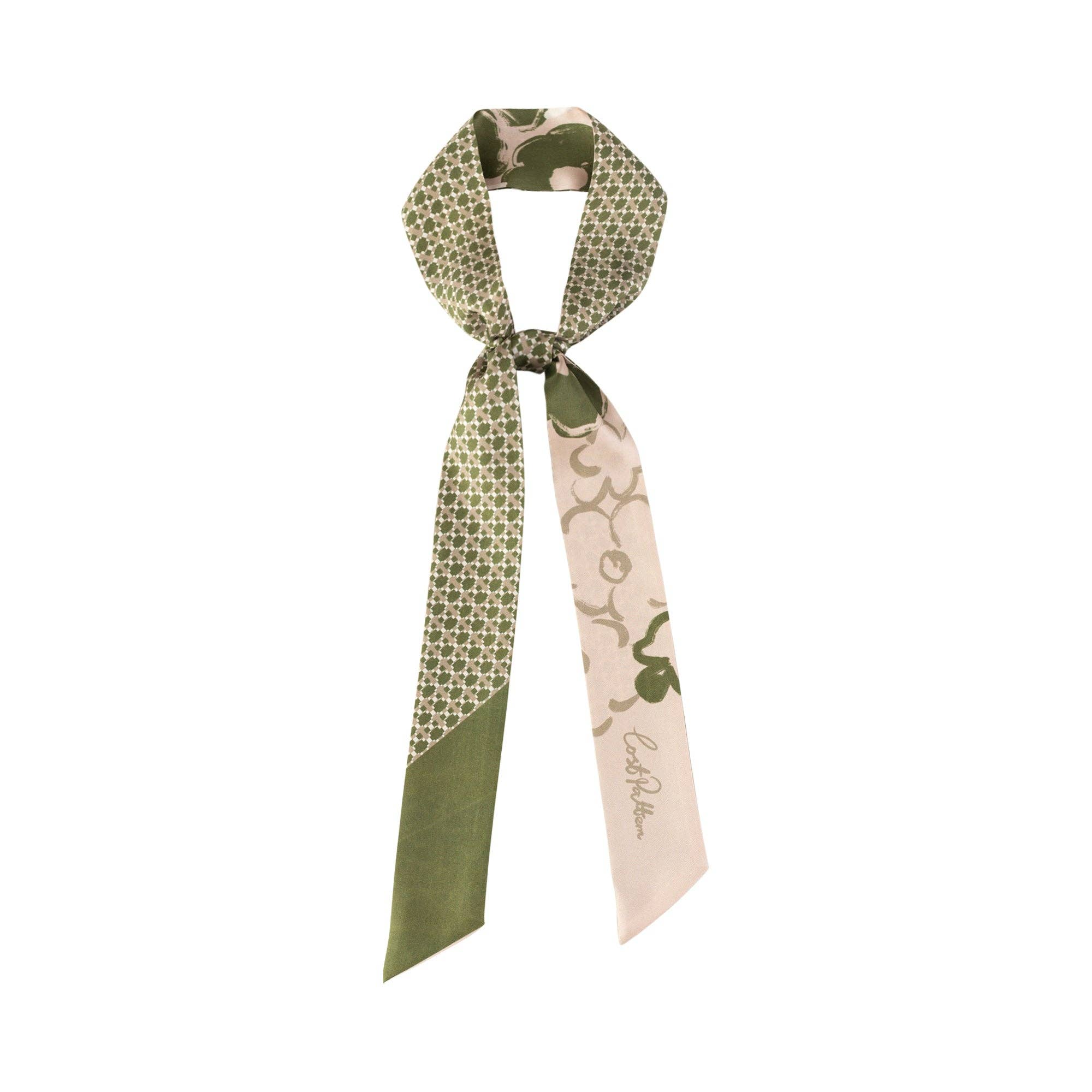 "Floral Houndstooth" Silk Twill Skinny Scarf - Green