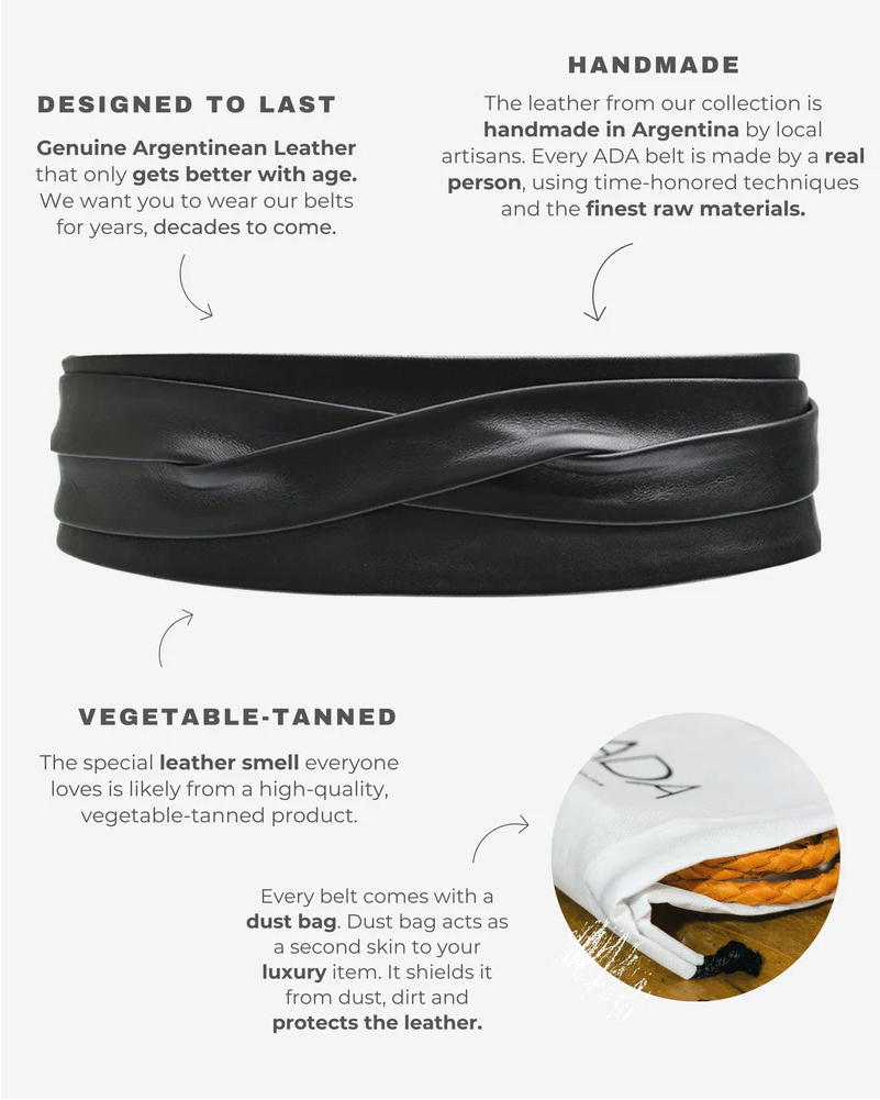 Black adjustable wrap belt by ADA Collection Belts, featuring a sleek design and secure fastening, perfect for stylish outfits.