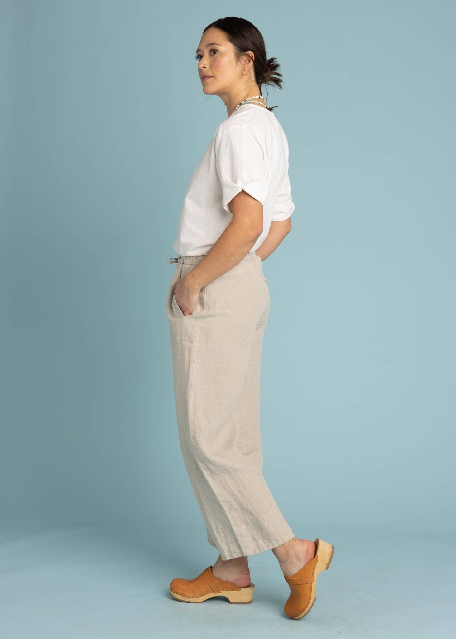 Natural flax linen Shore Pant by and for Good, showcasing relaxed fit and lightweight fabric in a neutral color.