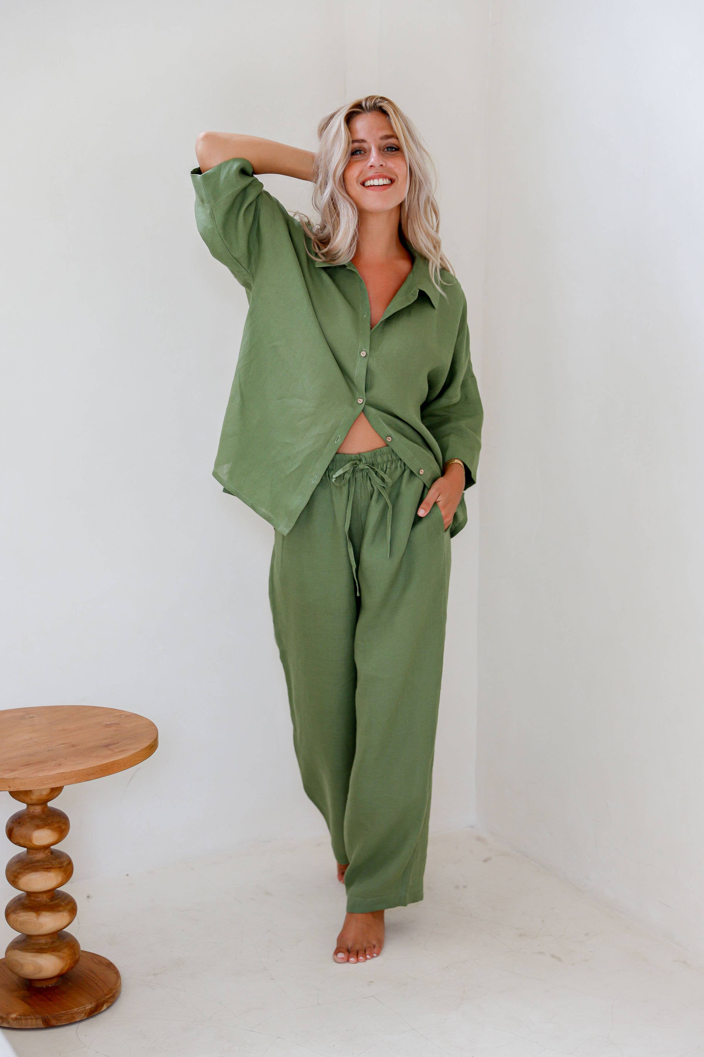 Linen womens lounge set AVEIRA in Forest green