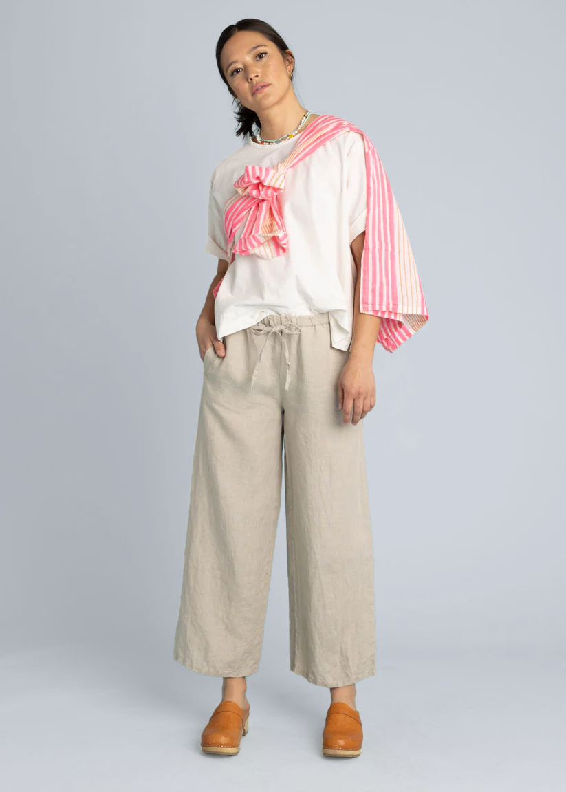 Light beige linen Shore Pant by and for Good, featuring a relaxed fit, natural flax fabric, and casual style.